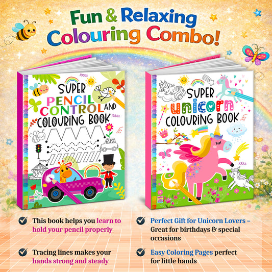 Pencil Control & Unicorn Coloring Books Combo | 2-in-1 Activity Set for Kids 3+