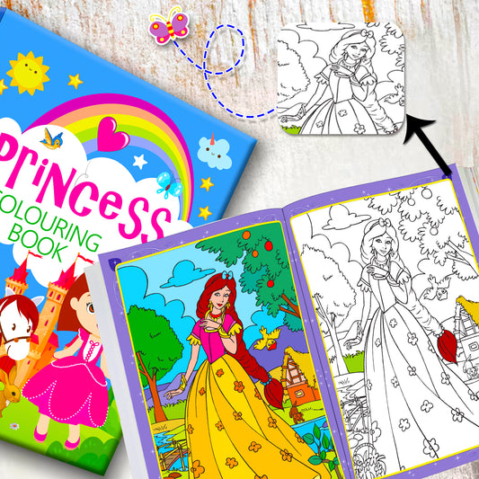 Princess Colouring Book Blue - Interior spread: princess colouring page with colour reference
