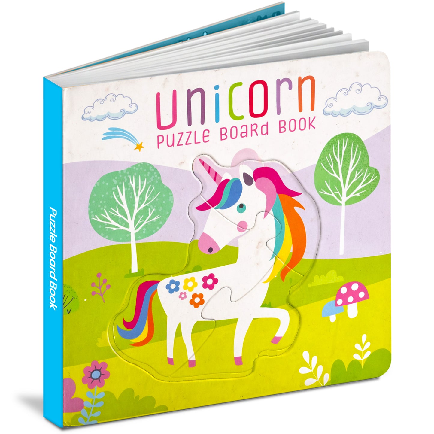 Unicorn Puzzle Board Book front cover - rainbow unicorn in meadow - Hello Friends