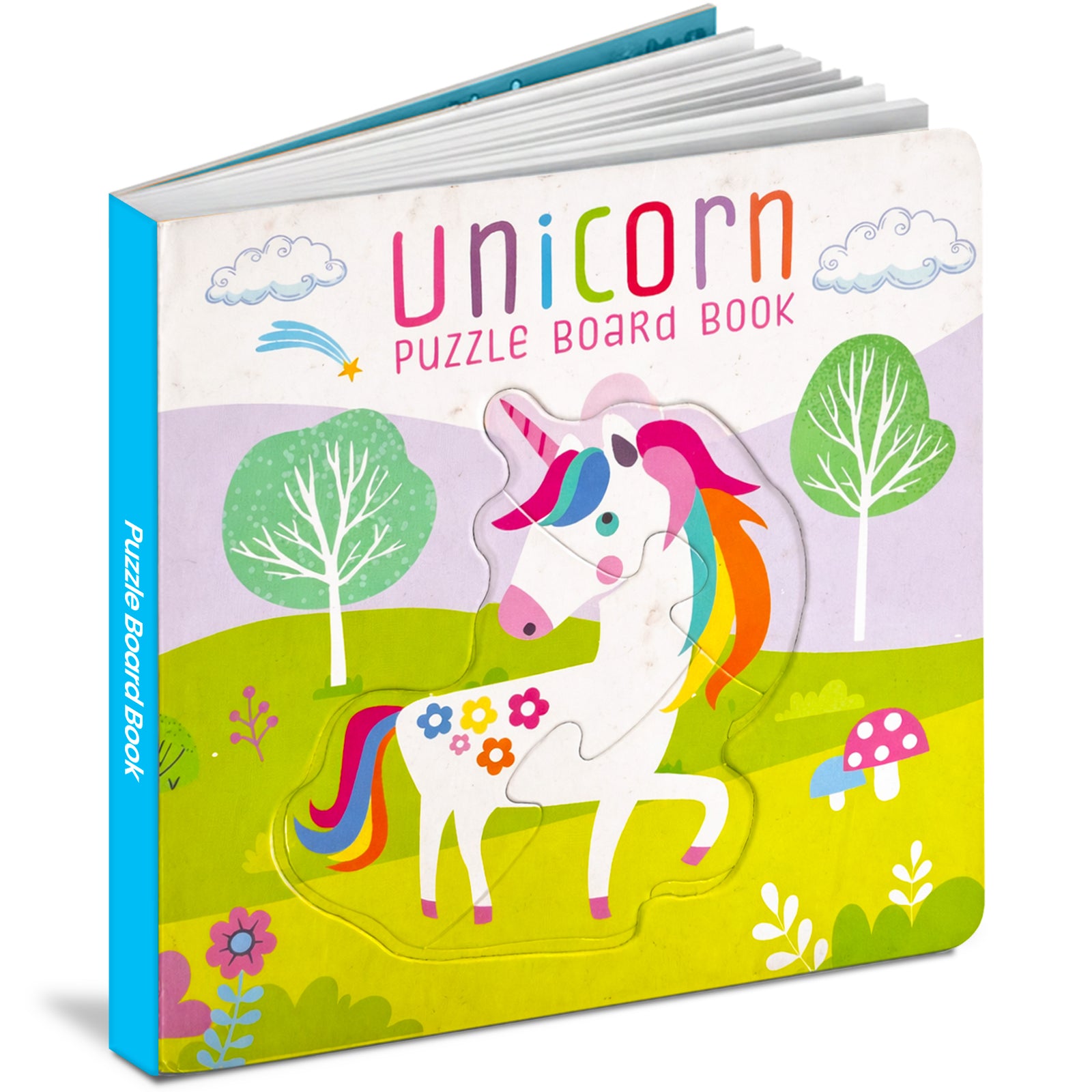 Unicorn Puzzle Board Book front cover - rainbow unicorn in meadow - Hello Friends