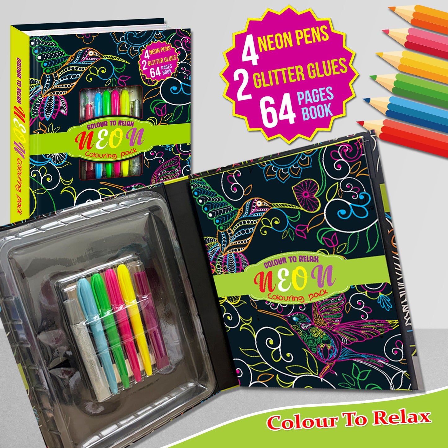 Neon Colouring Pack | Neon Coloring & Creative Activity Kit for Kids | Bright Art & Learning Kit