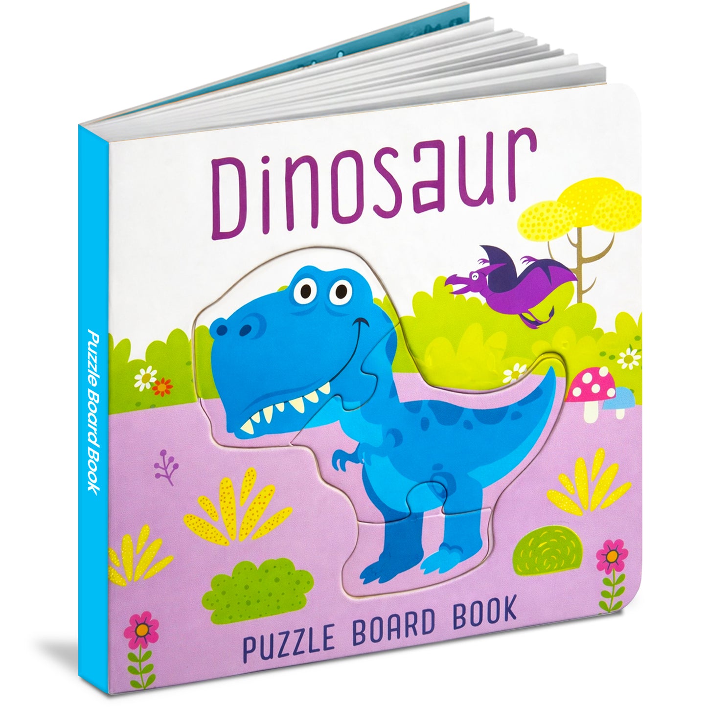 Dinosaur Puzzle Board Book front cover - blue T-Rex puzzle piece in prehistoric scene - Hello Friends