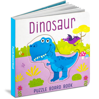 Dinosaur Puzzle Board Book front cover - blue T-Rex puzzle piece in prehistoric scene - Hello Friends