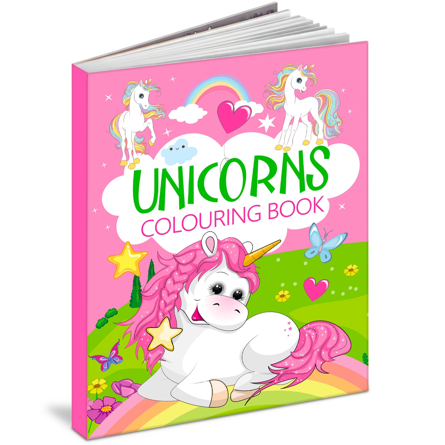 Unicorns Colouring Book - Interior pages with unicorn illustrations and coloured reference
