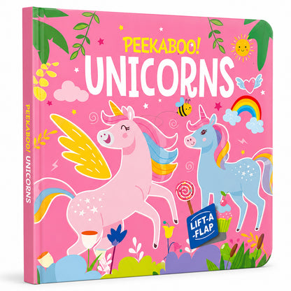 Peekaboo! Unicorns lift-the-flap board book front cover - Hello Friends