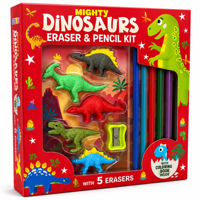 Mighty Dinosaurs Eraser & Pencil Kit with Book | Fun Stationery & Activity Set for Kids | Dinosaur Gift Kit