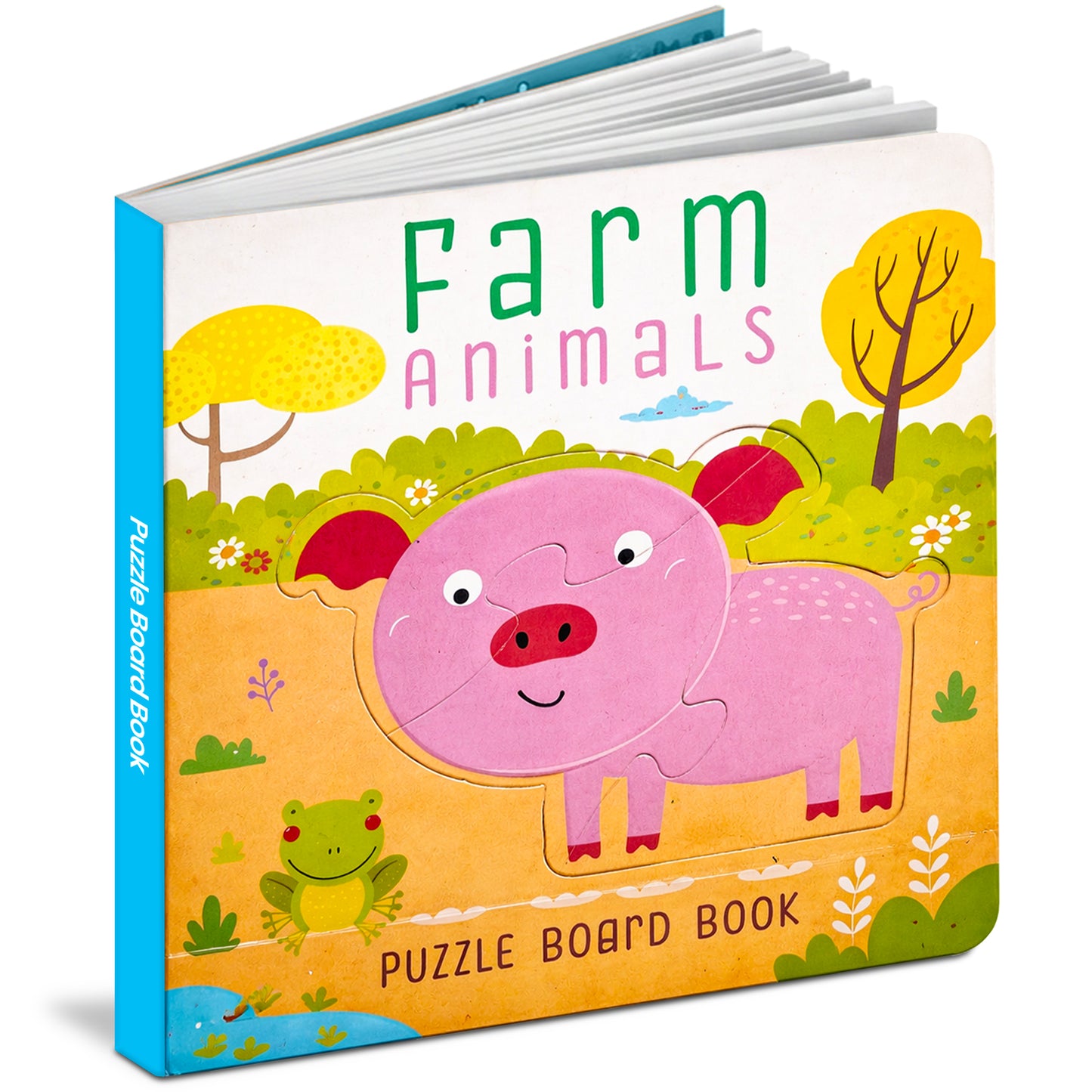 Farm Animals Puzzle Board Book front cover - Pig puzzle piece on farm scene - Hello Friends