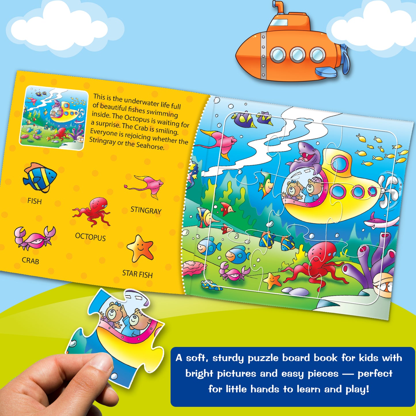 Amazing Animals Puzzle Board Book inside spread - jungle scene with Elephant, Snake, Mushroom, Zebra, Duck and missing puzzle piece