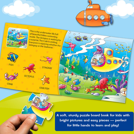Amazing Animals Puzzle Board Book inside spread - jungle scene with Elephant, Snake, Mushroom, Zebra, Duck and missing puzzle piece