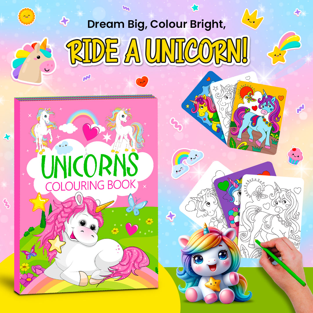 Unicorns Colouring Book - Front and back cover with dimensions 21x29.5 cm