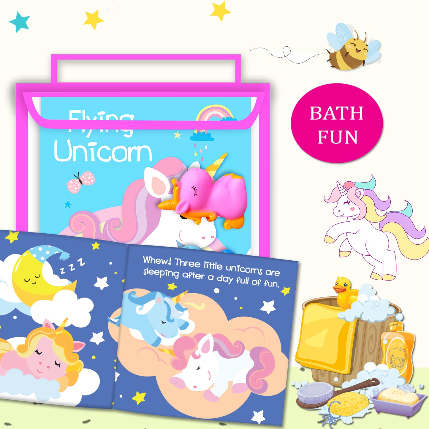 Flying Unicorn Bath Book | Waterproof Interactive Bath Book for Babies & Toddlers | Soft Cloth Bath Book