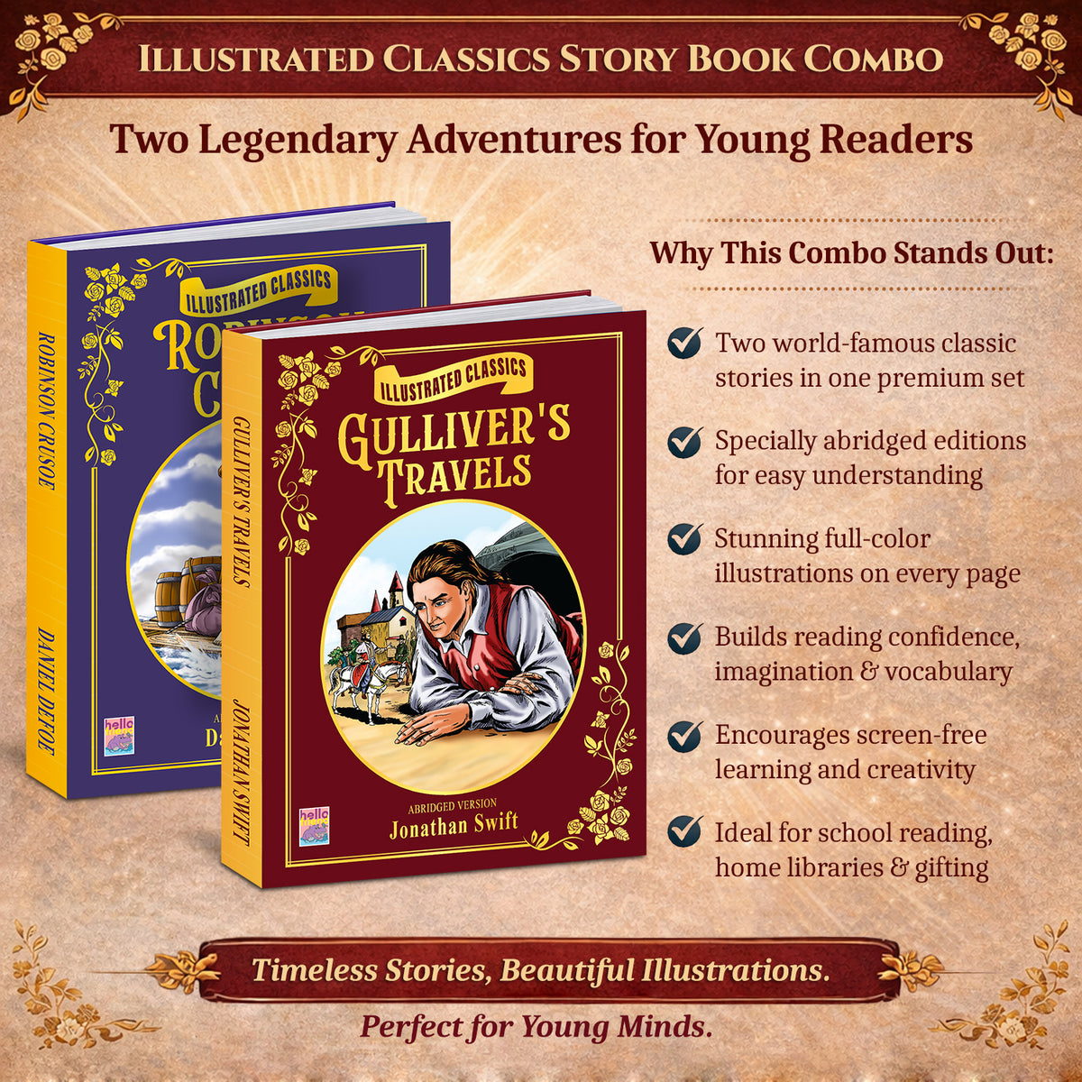 Illustrated Classics Story Book Combo | Robinson Crusoe & Gulliver's Travels | 2 Books for Kids 6+