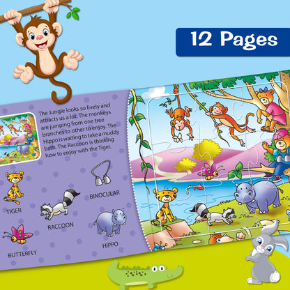 Amazing Animals Puzzle Board Book inside spread - jungle scene with Tiger, Raccoon, Binocular, Hippo, Butterfly and 12 Pages callout