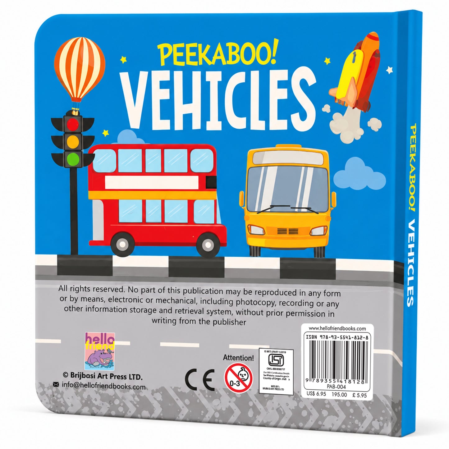 Peekaboo! Vehicles board book back cover showing ISBN 9789355418128 - PAB-004