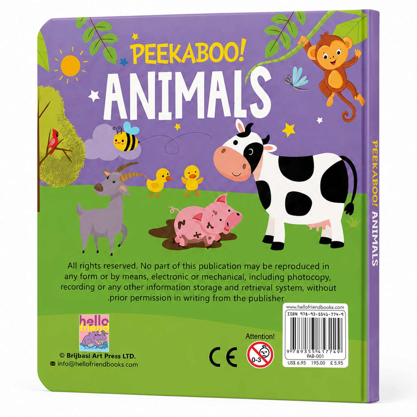 Peekaboo! Animals board book back cover showing ISBN 9789355417749 - PAB-001
