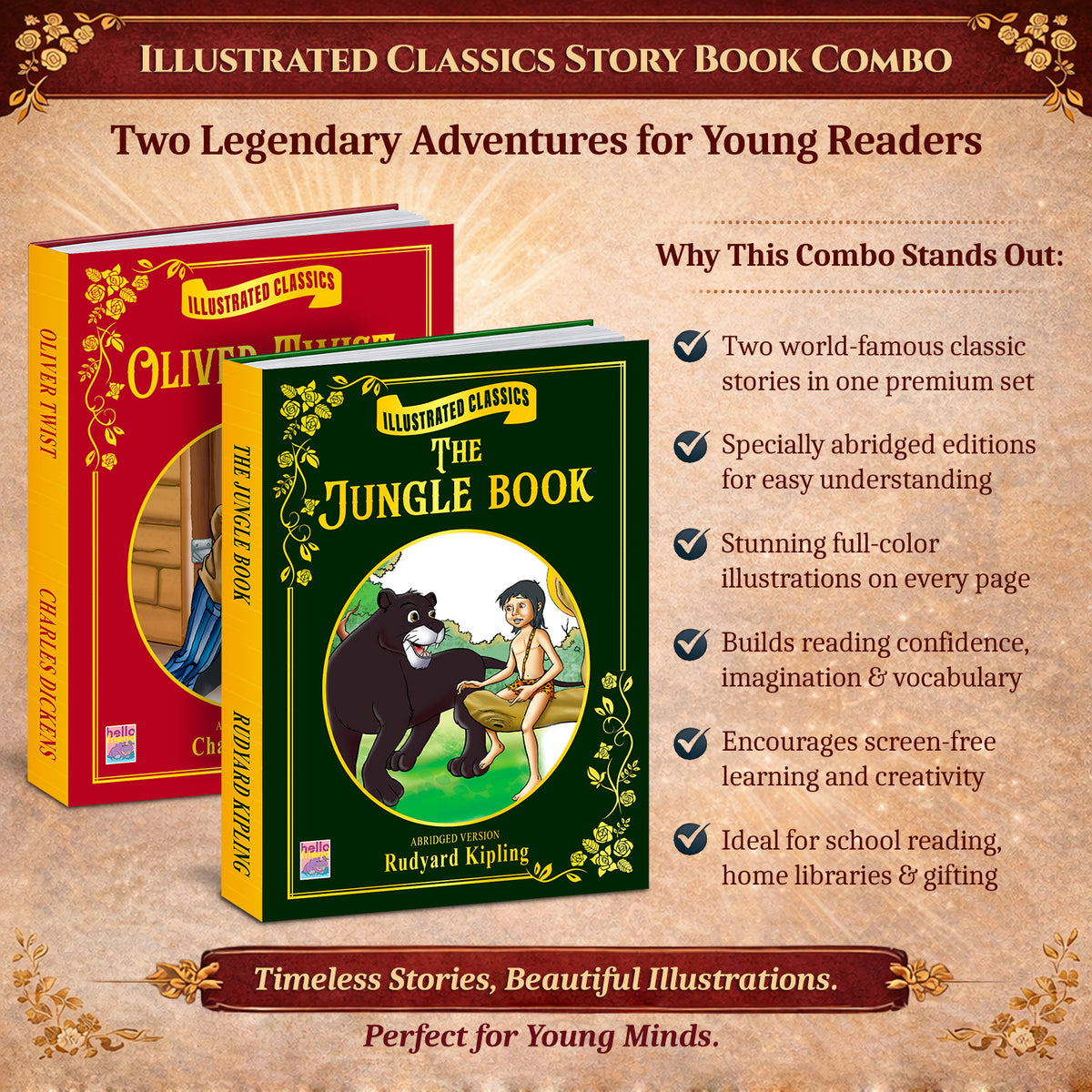 Illustrated Classics Story Book Combo | The Jungle Book & Oliver Twist | 2 Books for Kids 6+