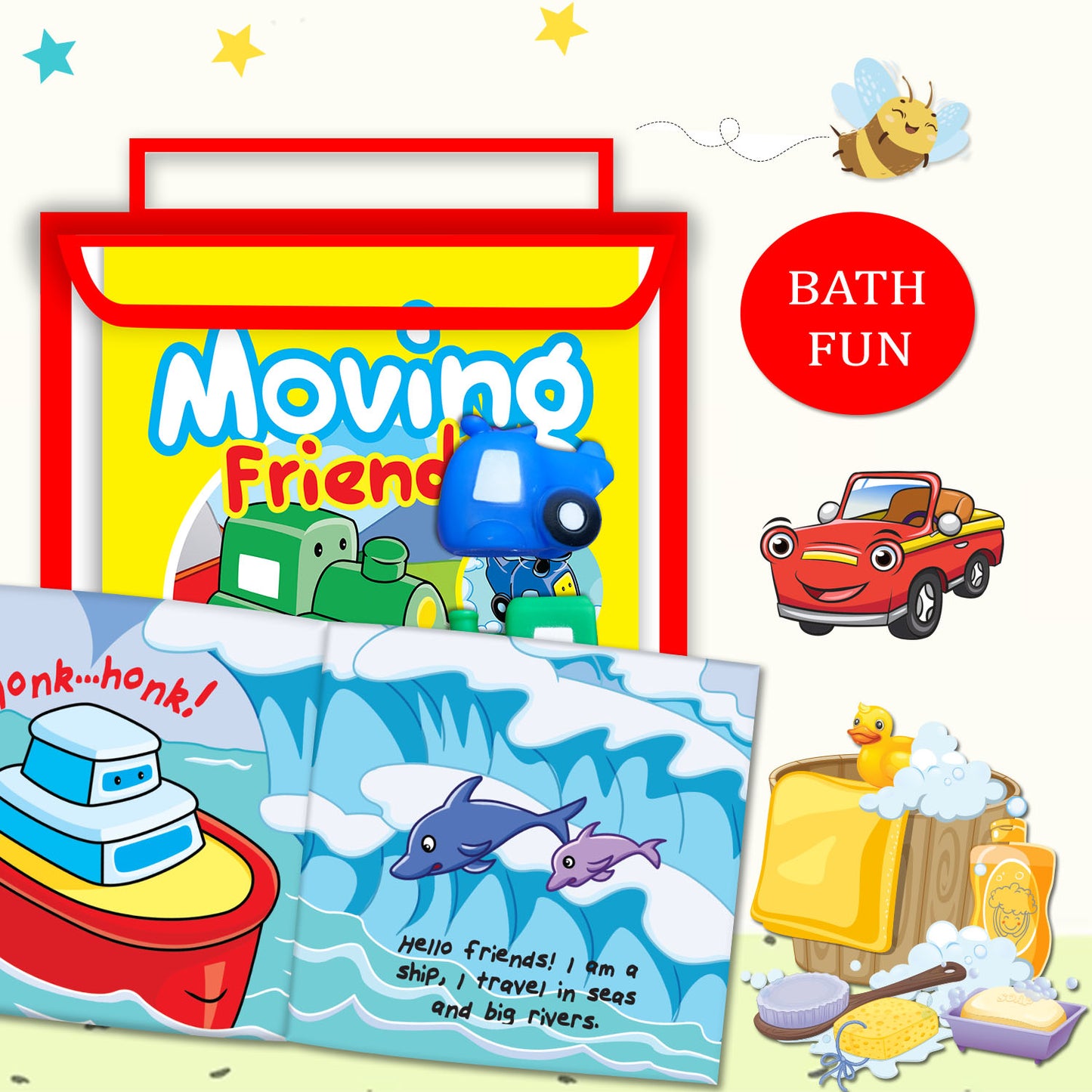 Moving Friends Bath Book | Waterproof Interactive Bath Book for Babies & Toddlers | Soft Cloth Bath Book