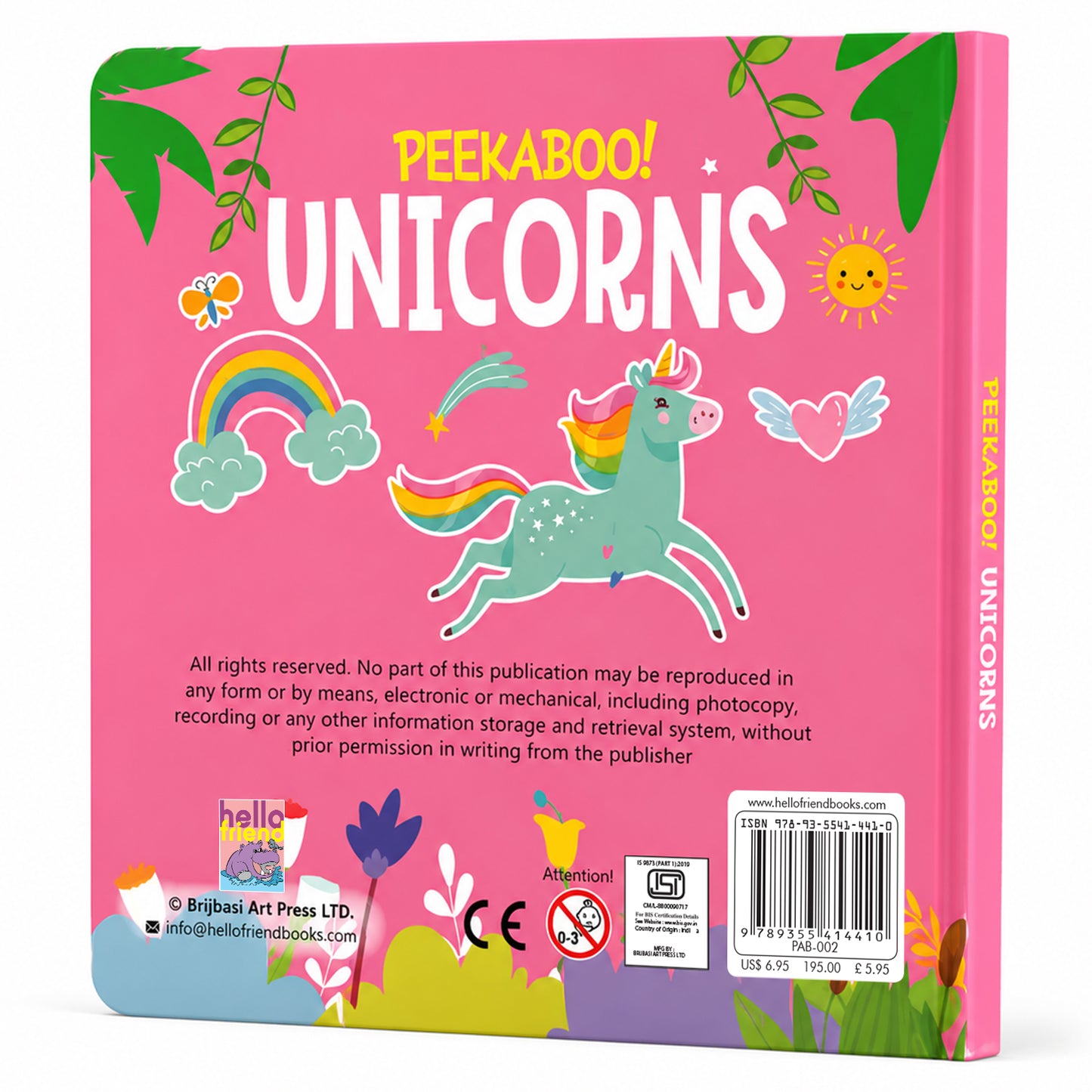 Peekaboo! Unicorns board book back cover showing ISBN 9789355414410 - PAB-002