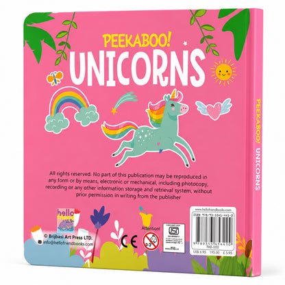 Peekaboo! Unicorns board book back cover showing ISBN 9789355414410 - PAB-002