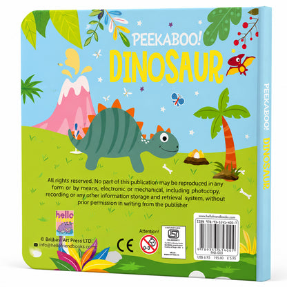 Peekaboo! Dinosaurs board book back cover showing ISBN 9789355414007 - PAB-003