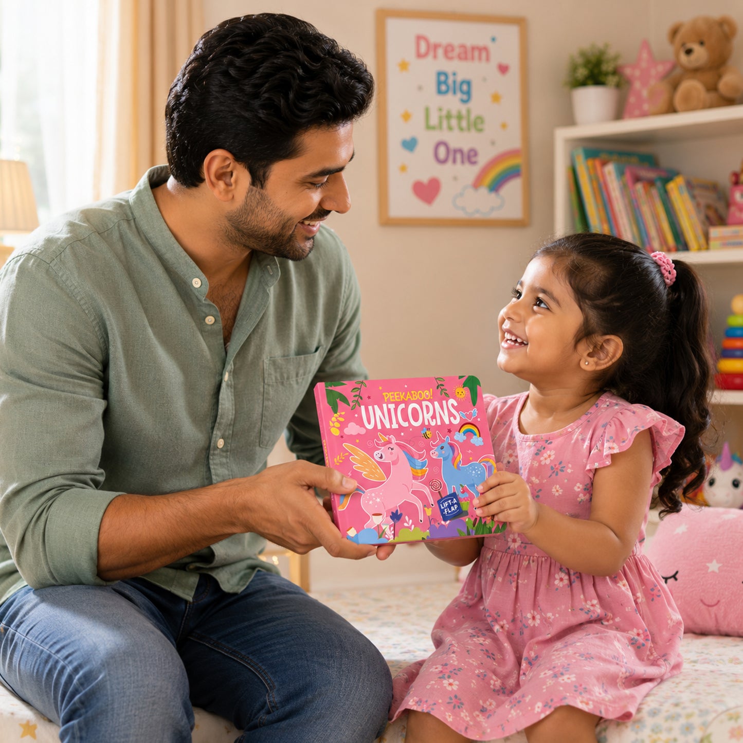 Father and child enjoying Peekaboo! Unicorns board book together