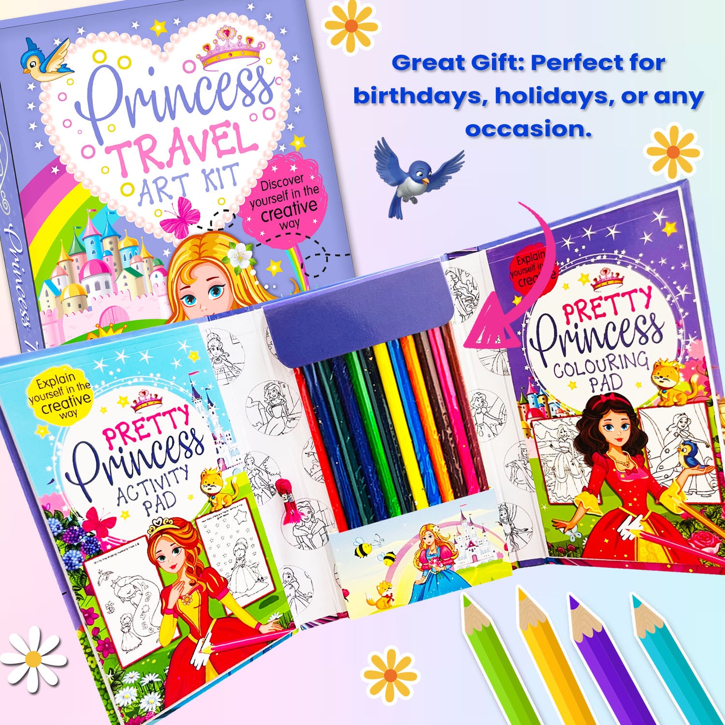 Princess Travel Art Kit | Princess Coloring & Activity Book for Kids | Creative Travel Art Kit