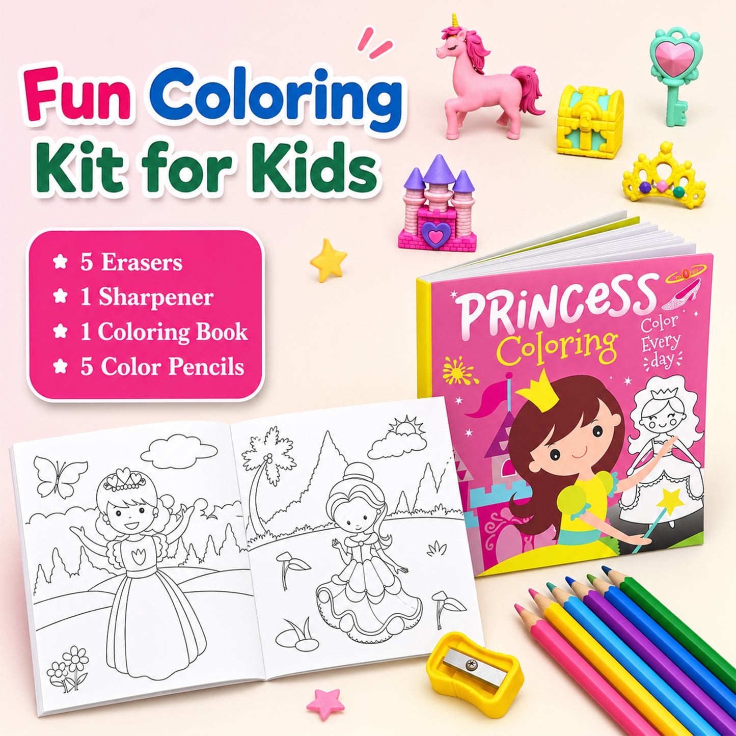 Pretty Princess Eraser & Pencil Kit with Book | Creative Stationery & Activity Set for Kids | Princess Gift Kit