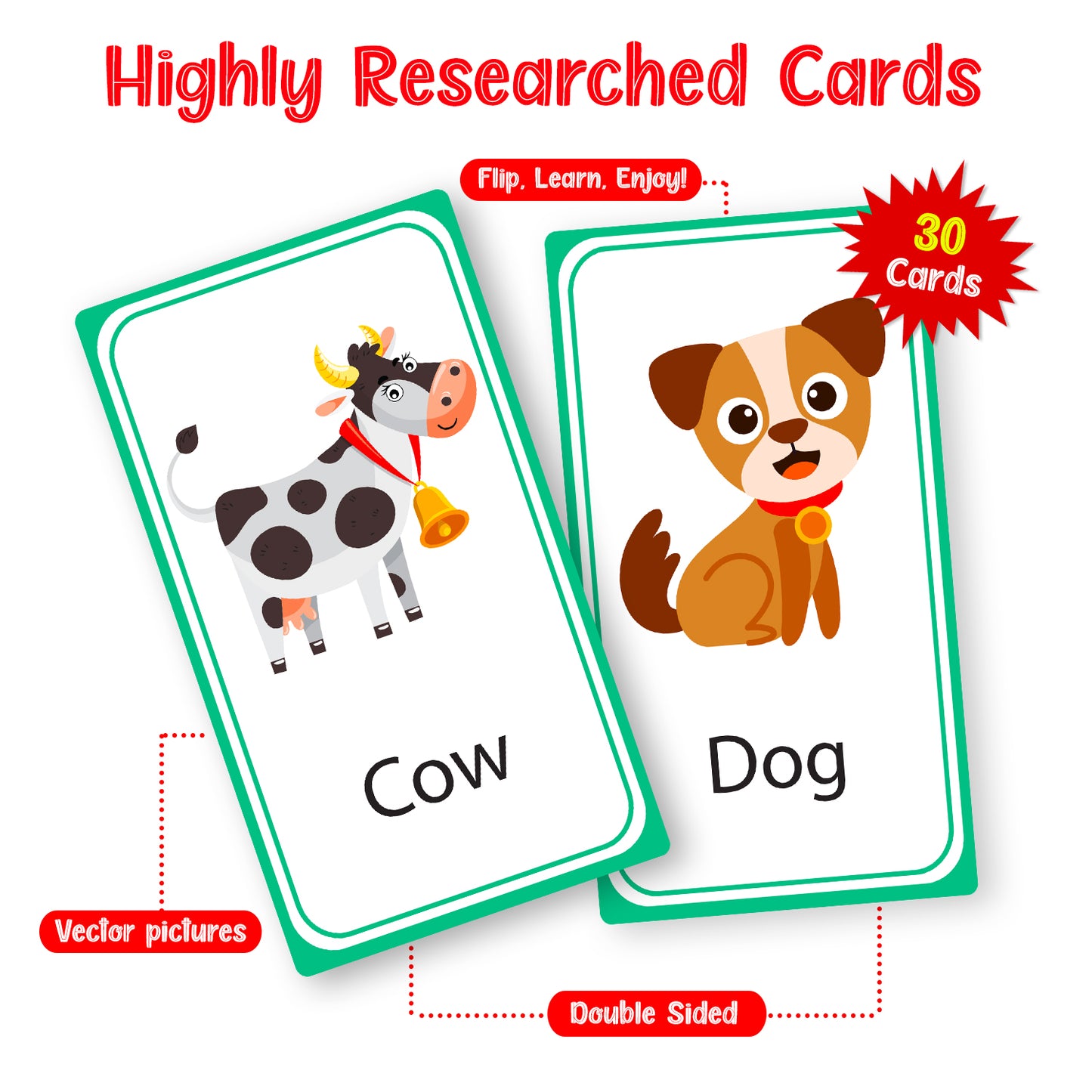 Sample First Words Flash Cards - Dog, Farmer, Cow, Tractor, Hay Bales, Bee, Barn, Rooster