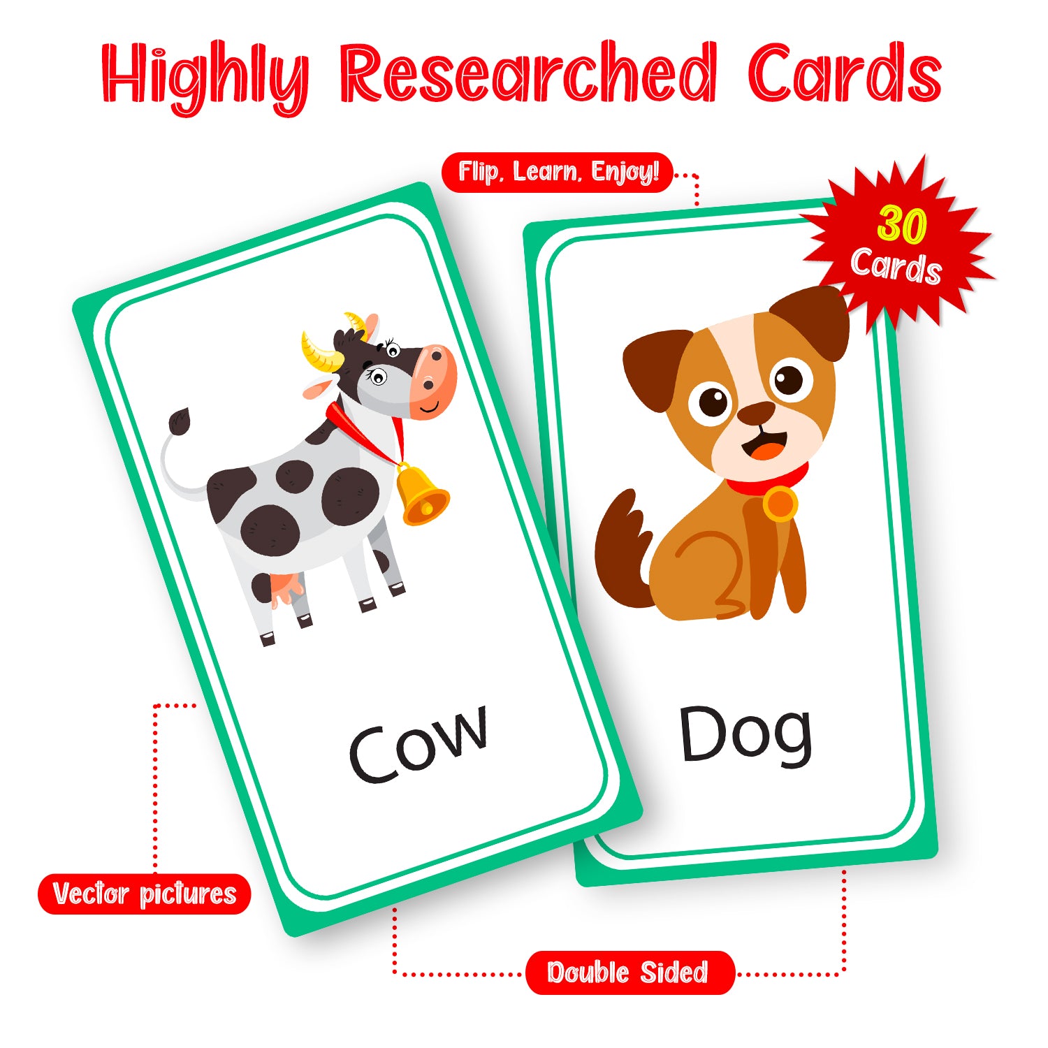 Sample First Words Flash Cards - Dog, Farmer, Cow, Tractor, Hay Bales, Bee, Barn, Rooster