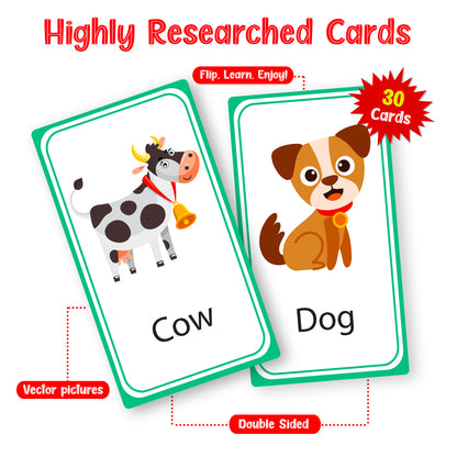 Sample First Words Flash Cards - Dog, Farmer, Cow, Tractor, Hay Bales, Bee, Barn, Rooster