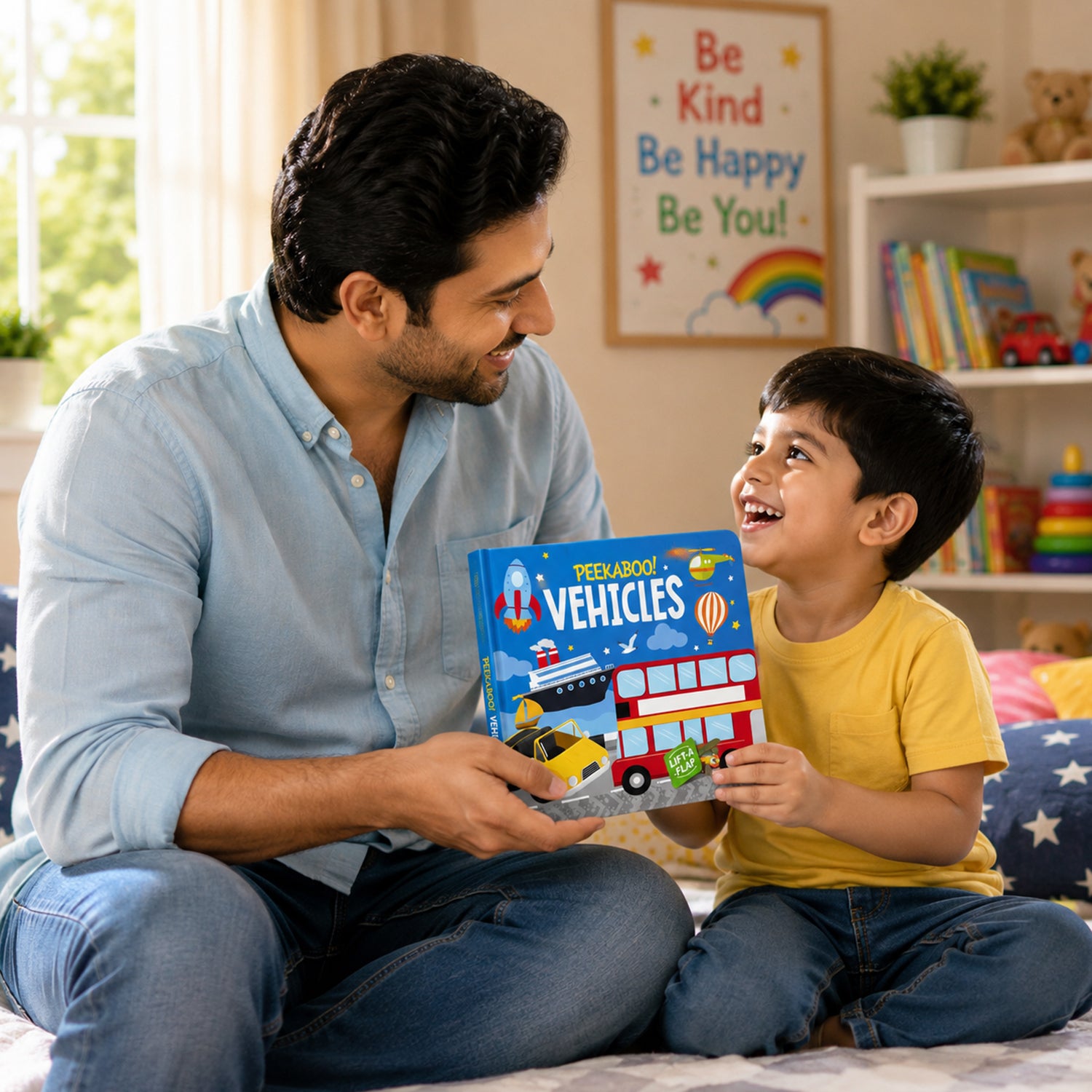 Father and child enjoying Peekaboo! Vehicles board book together