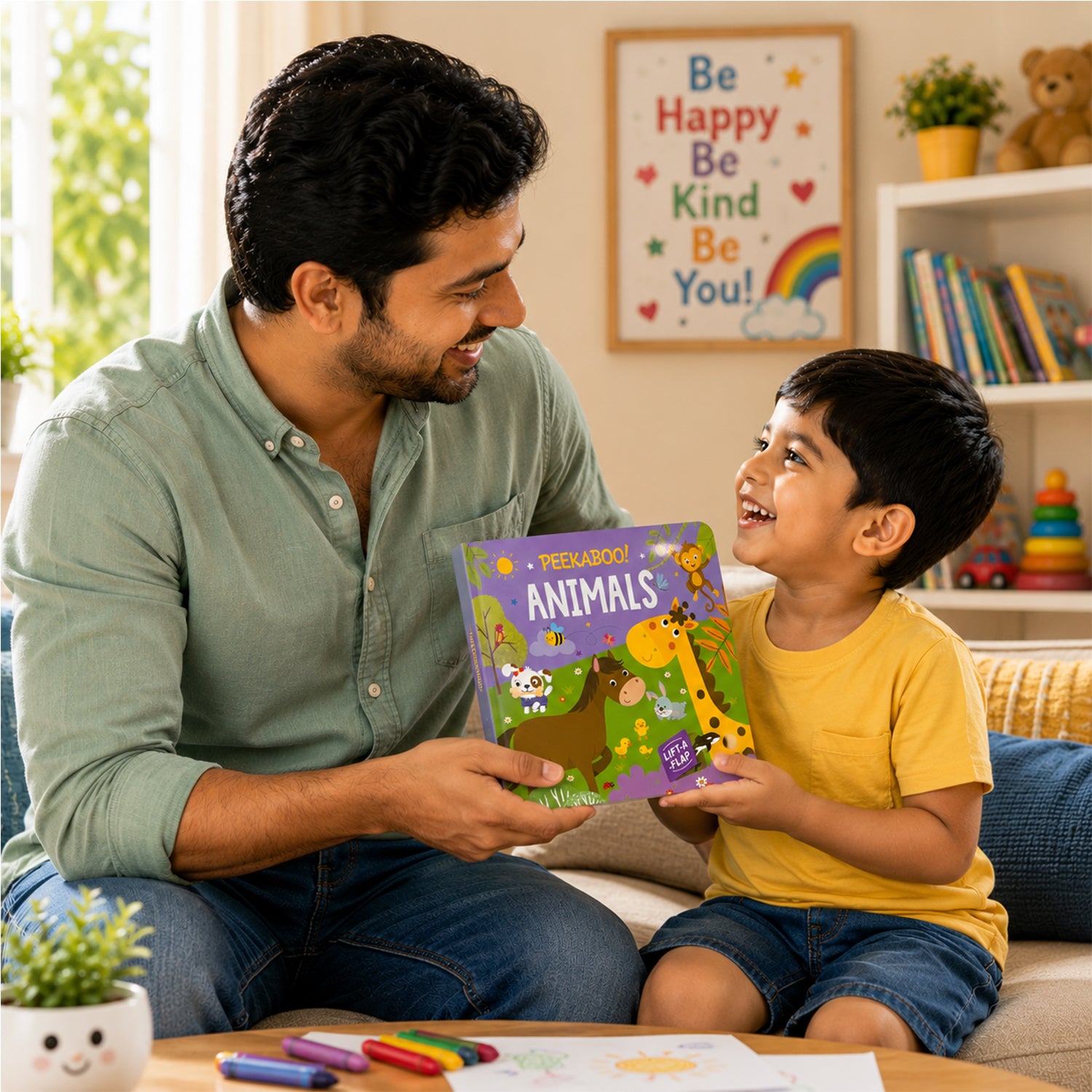 Father and child enjoying Peekaboo! Animals board book together