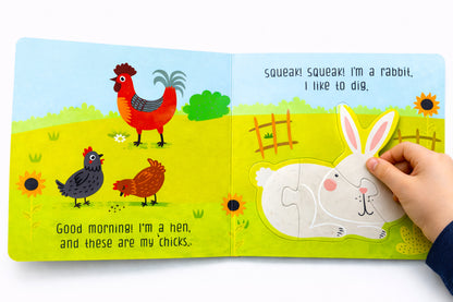 Farm Animals Puzzle Board Book top view showing colourful pages