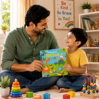 Father and child enjoying Peekaboo! Dinosaurs board book together