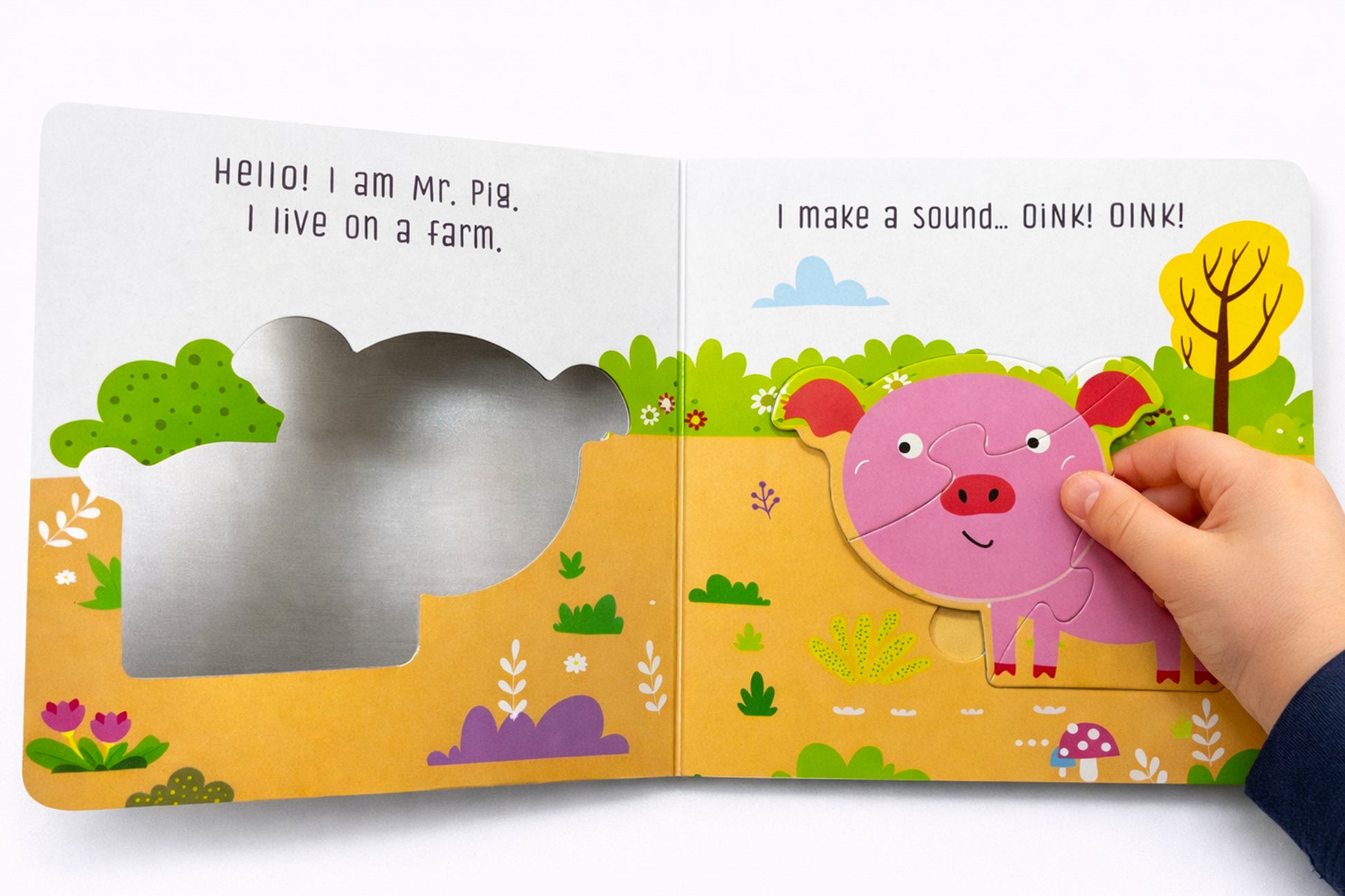 Farm Animals Puzzle Board Book inside spread - Hen, Chicks and Rabbit puzzle piece with text
