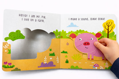 Farm Animals Puzzle Board Book inside spread - Hen, Chicks and Rabbit puzzle piece with text
