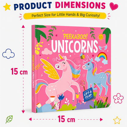 Peekaboo! Unicorns inside spread - birthday party scene with Princess, Balloon, Unicorn, Table, Gift, Narwhal and lift-the-flap surprises