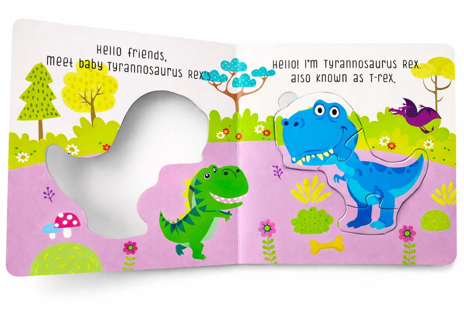 Dinosaur Puzzle Board Book inside spread - Protoceratops and Triceratops puzzle piece being placed by child