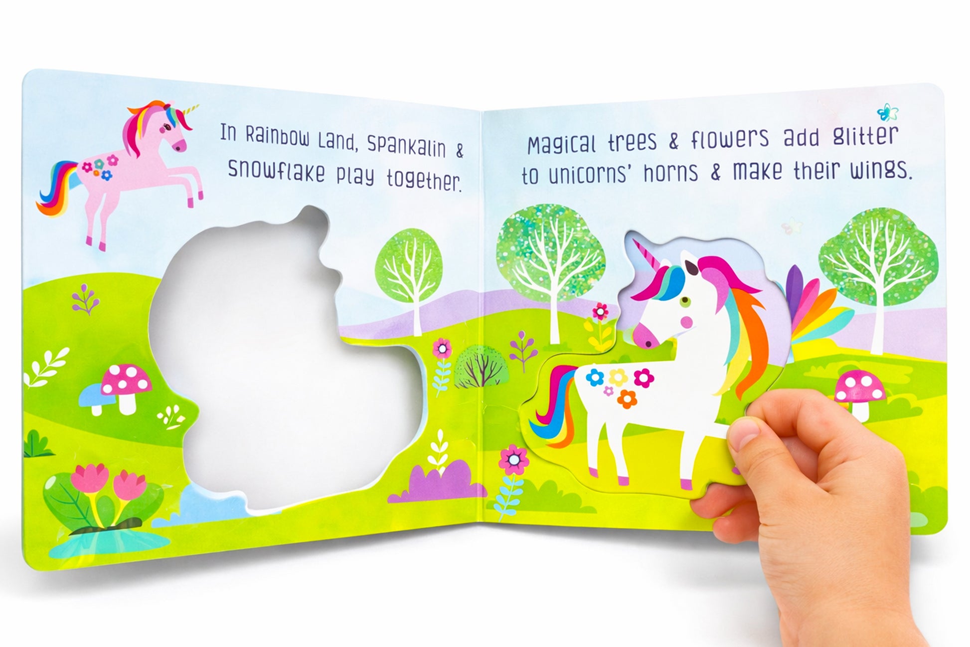 Unicorn Puzzle Board Book inside spread - Moonbeam Castle scene with Sparklain and Pink Snowflake unicorn puzzle pieces