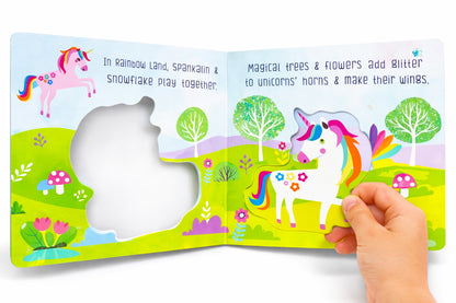 Unicorn Puzzle Board Book inside spread - Moonbeam Castle scene with Sparklain and Pink Snowflake unicorn puzzle pieces