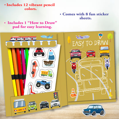 Draw, Colour & Paste – Vehicles | How to Draw Activity Book for Kids | Vehicle Drawing & Colouring Book