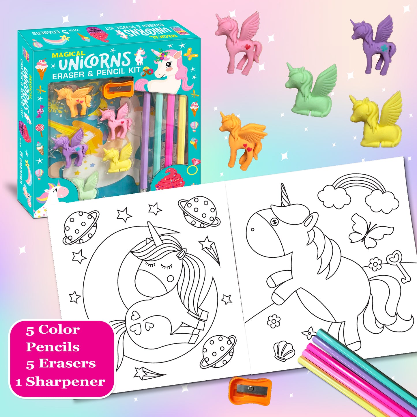 Magical unicorns eraser & pencil kit