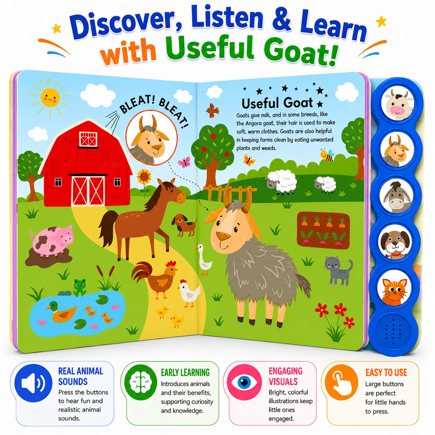 Farm Animals Sound Book | Interactive 5-Button Animal Sounds Book for Babies & Toddlers | Fun Early Learning Sound Book