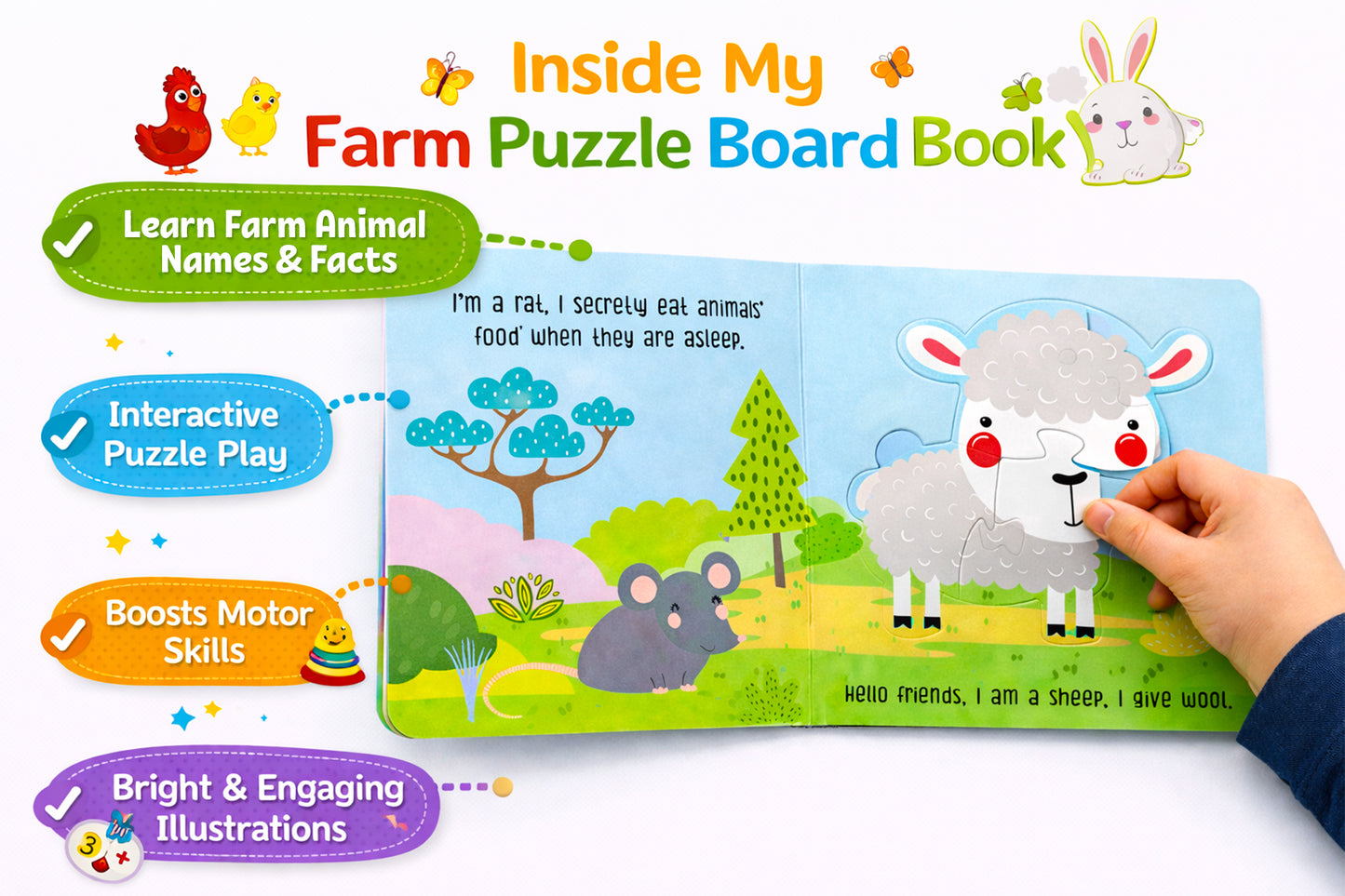 Farm Animals Puzzle Board Book inside spread - Mr. Pig puzzle piece being placed into page