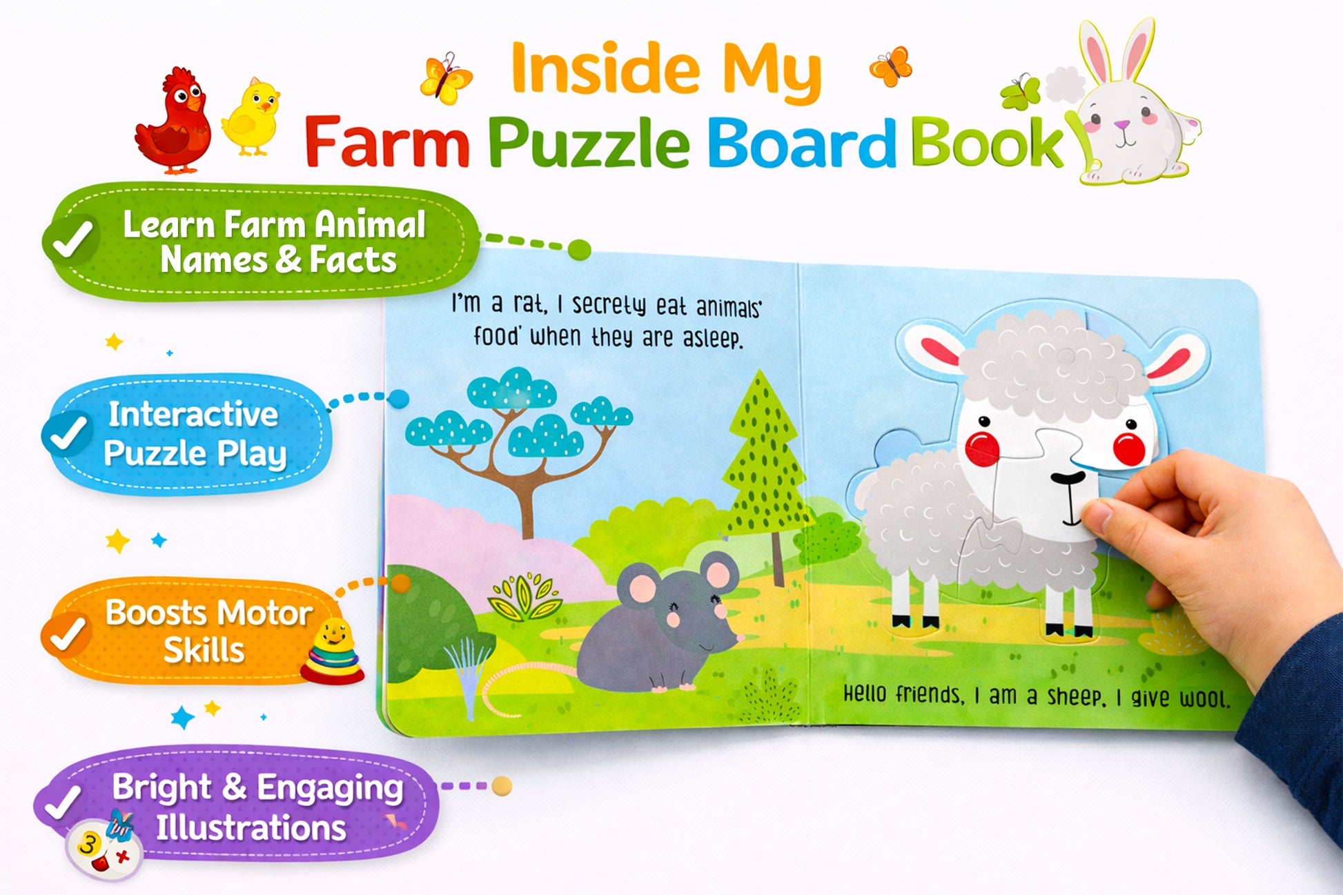 Farm Animals Puzzle Board Book inside spread - Mr. Pig puzzle piece being placed into page
