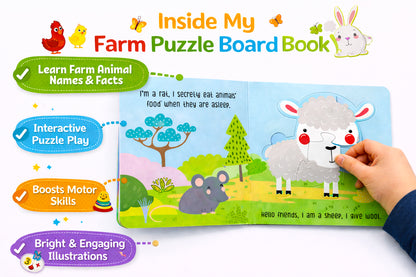 Farm Animals Puzzle Board Book inside spread - Mr. Pig puzzle piece being placed into page