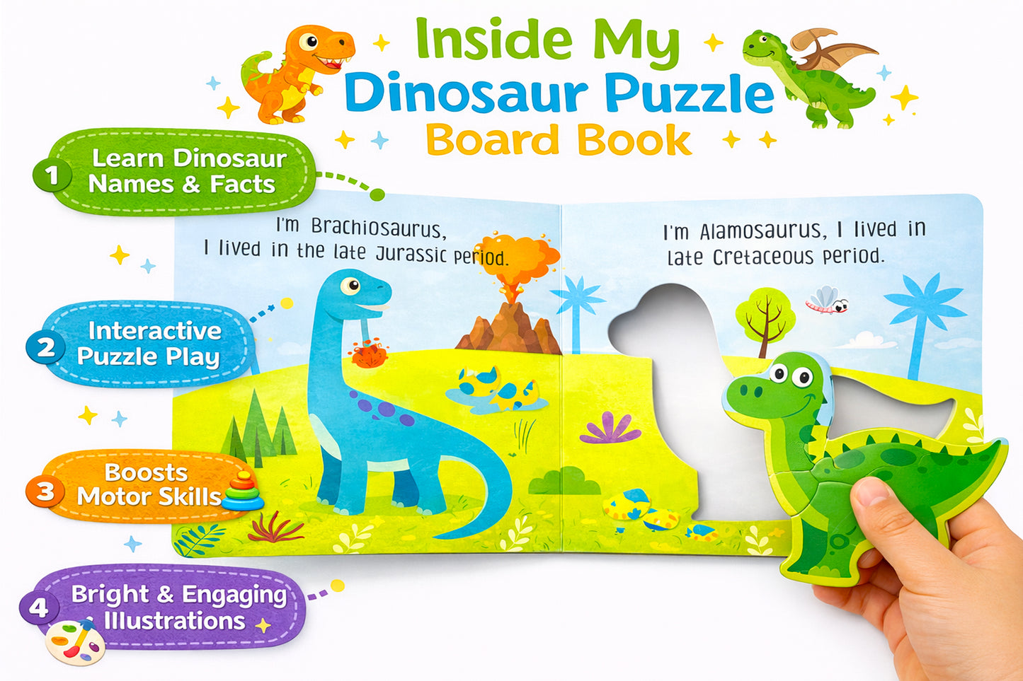 Inside My Dinosaur Puzzle Board Book - features Learn Dinosaur Names & Facts, Interactive Puzzle Play, Boosts Motor Skills, Bright & Engaging Illustrations