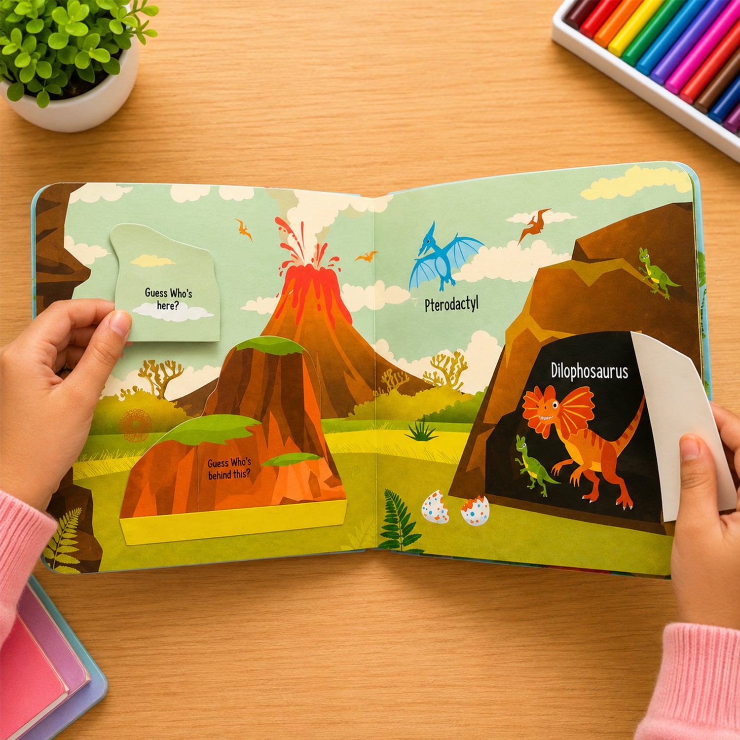 Peekaboo! Dinosaurs inside spread - volcano scene with Pterodactyl and Dilophosaurus lift-the-flap surprises