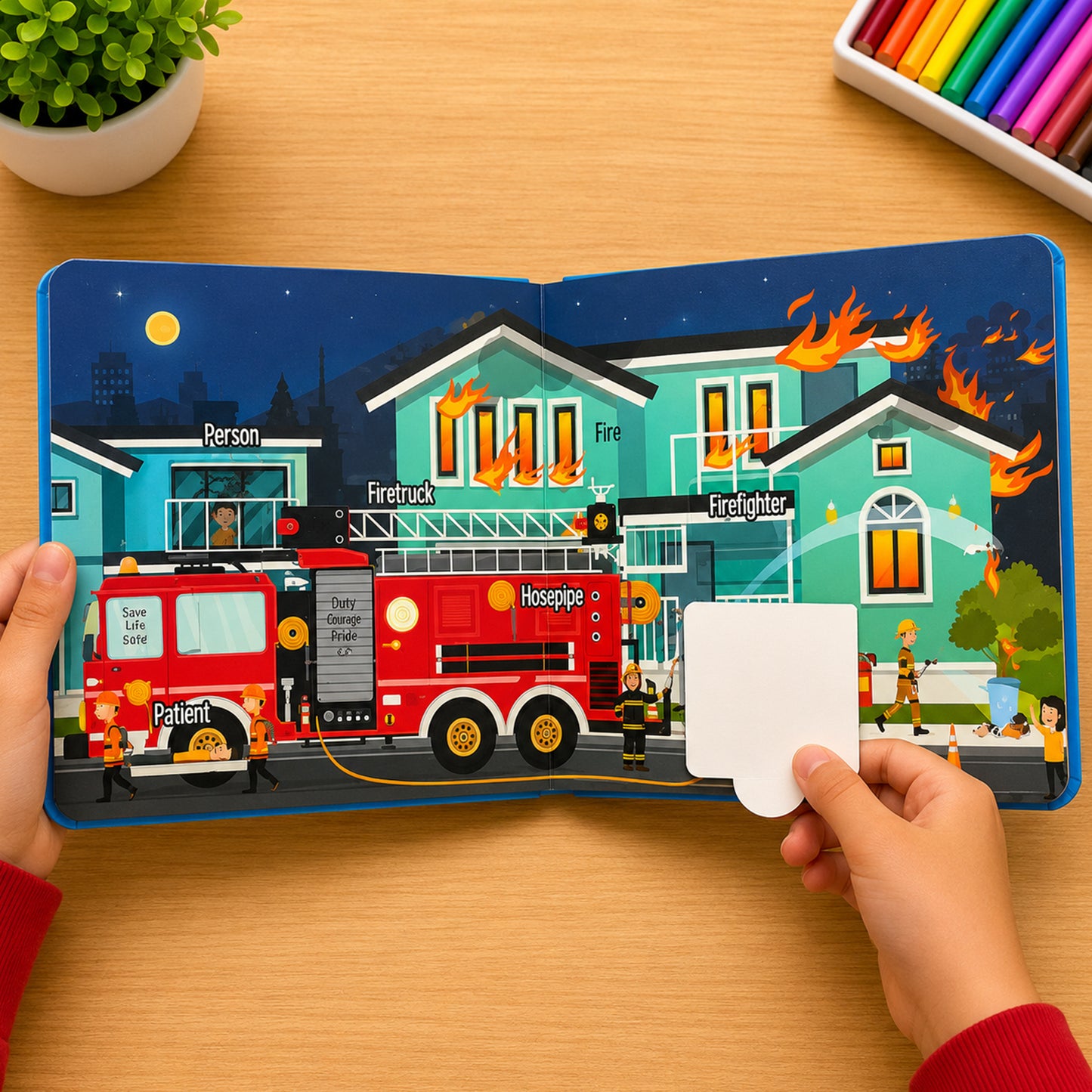 Peekaboo! Vehicles inside spread - fire station scene with Firetruck, Firefighter, Hosepipe and lift-the-flap surprises