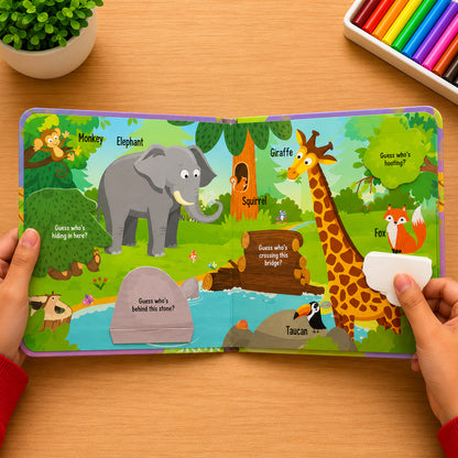 Peekaboo! Animals inside spread - jungle animals including Monkey, Elephant, Giraffe, Squirrel, Fox, Toucan with lift-the-flap surprises